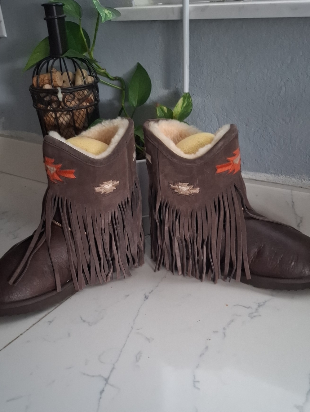 Koolaburra Brown Fringe Shearling Boots with Orange Embroidery